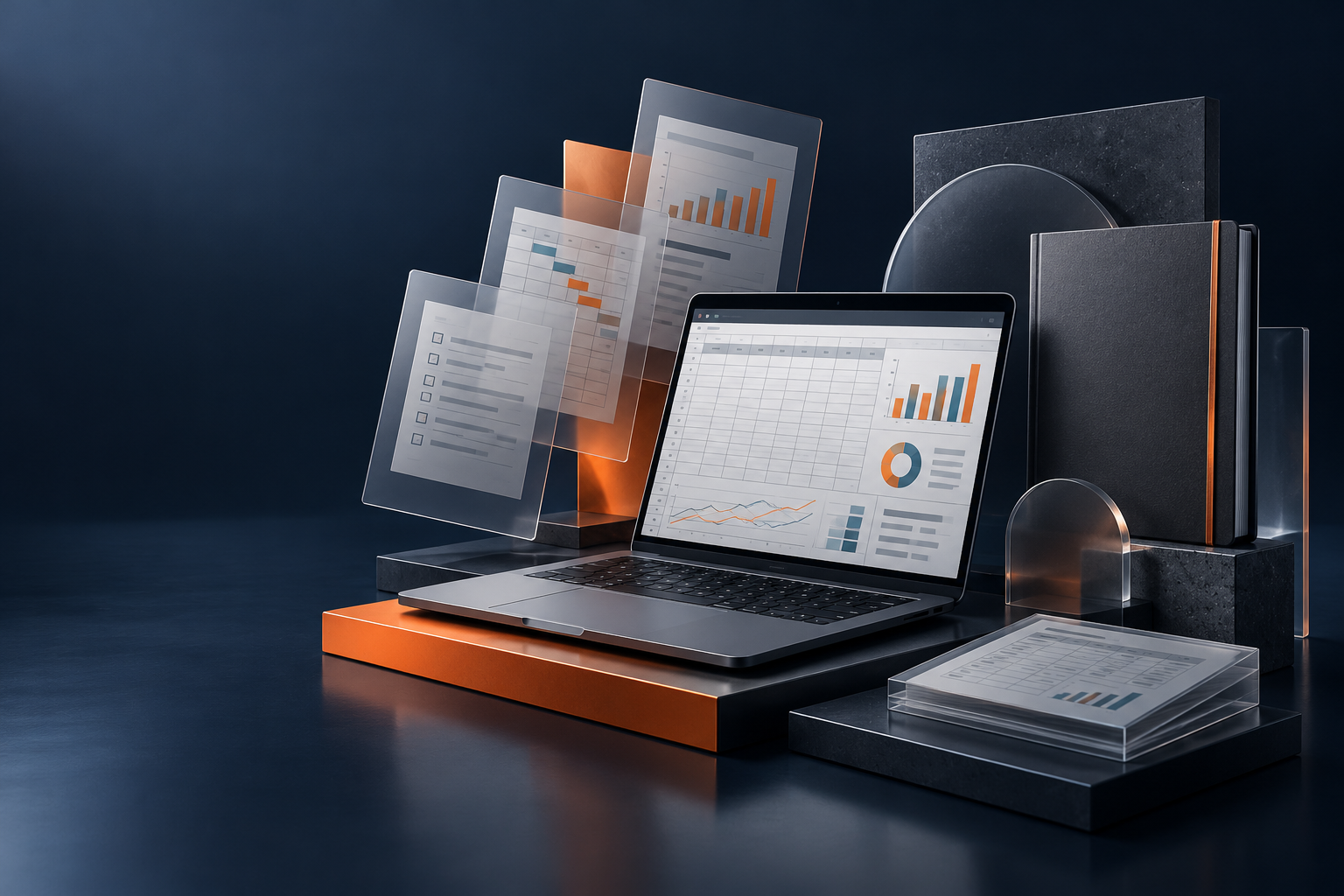 Modern graphite laptop and translucent workbook sheets with orange accents, illustrating digital business tools
