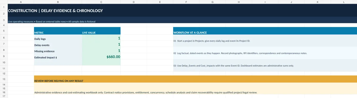Actual Construction Delay Evidence & Chronology Toolkit Excel dashboard