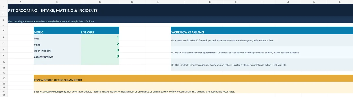 Actual Pet Grooming Intake, Matting & Incident Toolkit Excel dashboard